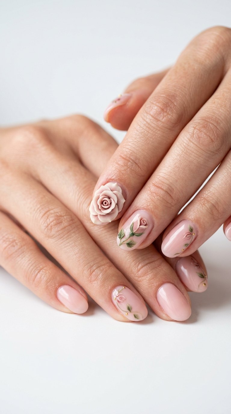 3D Rose Nails Close-Up with Sculpted Rose Flower Nails and Rose Nail Manicure Details