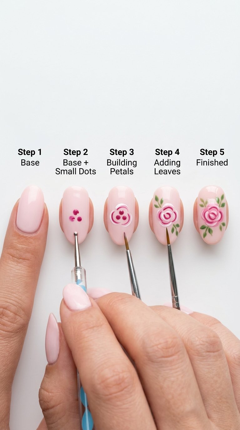 Rose Nails for Beginners with Rose Nail Tutorial Step by Step