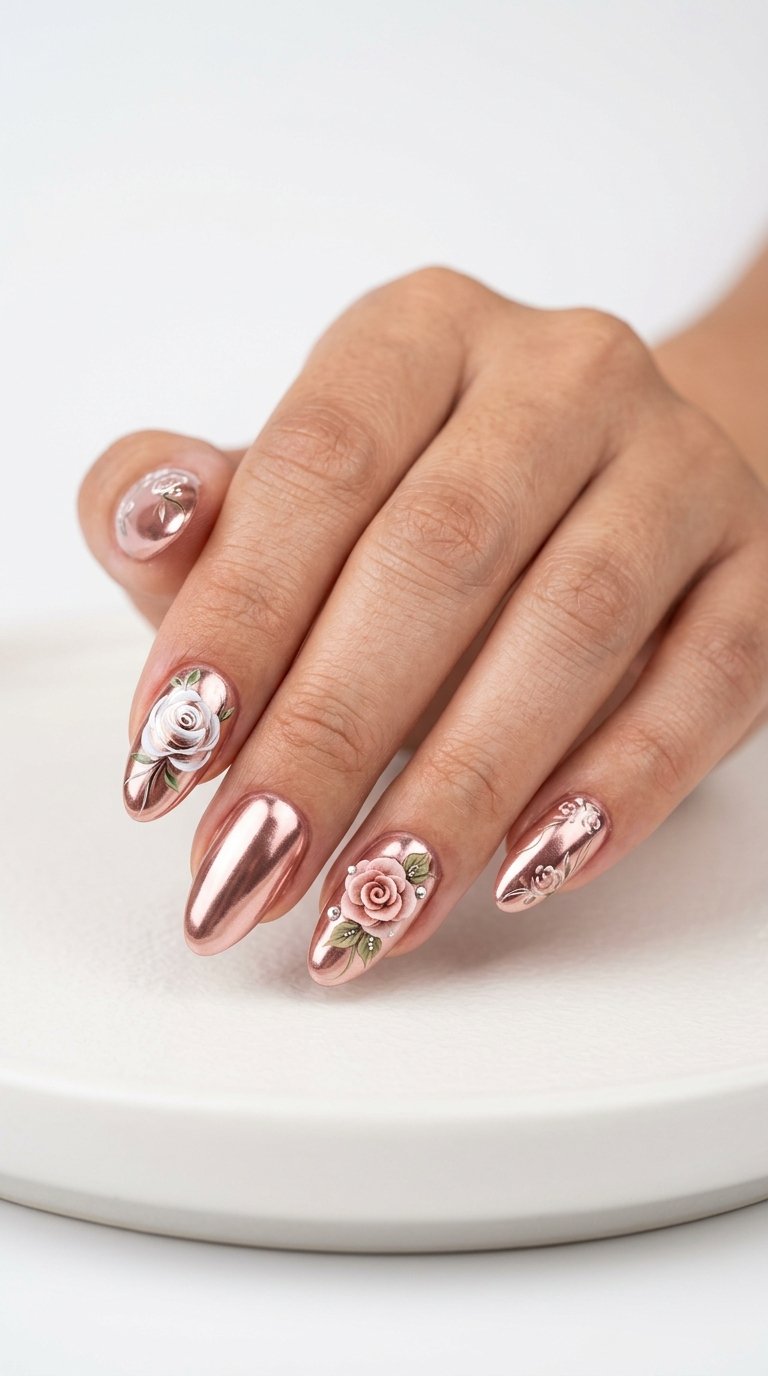 Rose Flower Nails with Chrome Rose Nail Polish and Rose Nails Ideas
