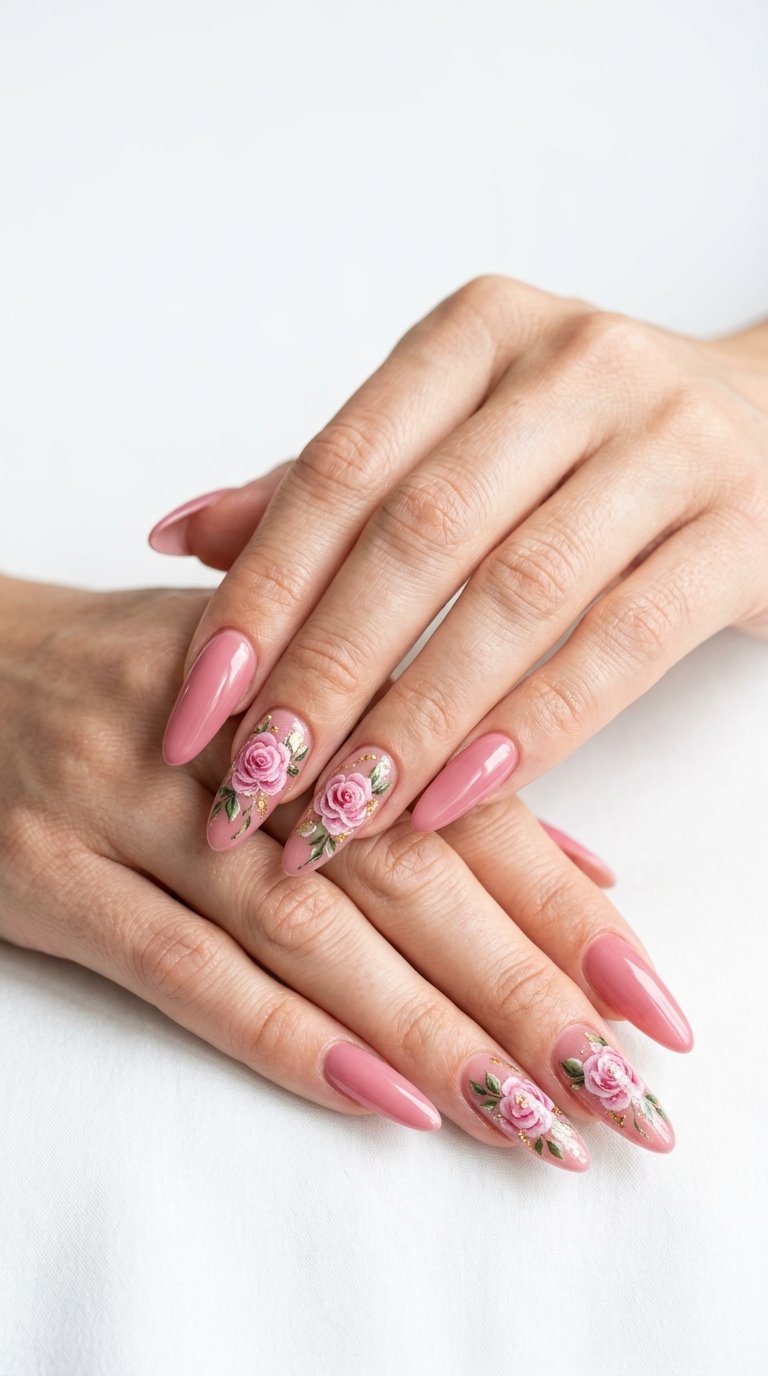Long Rose Nails with Rose Nail Polish and Rose Nail Manicure