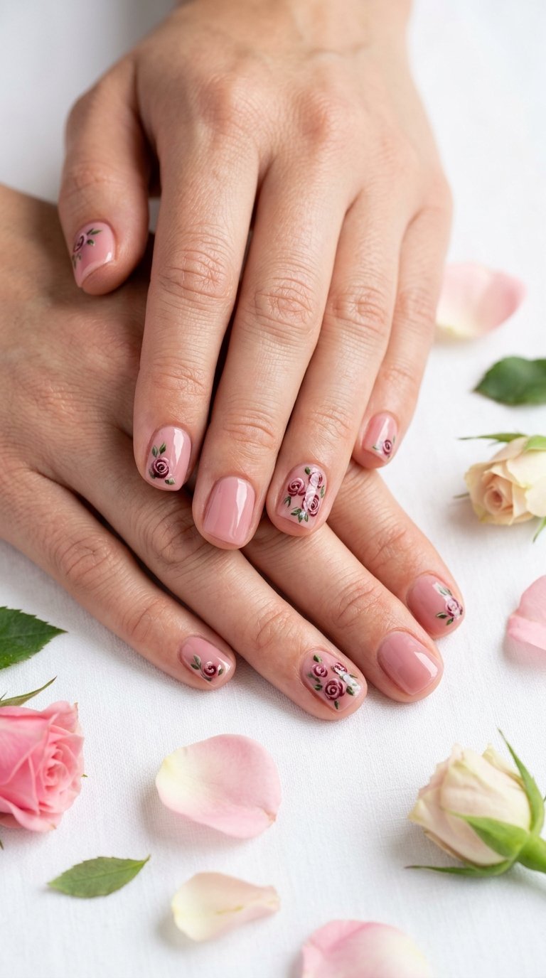 Short Rose Nails Designs with Rose Nail Polish