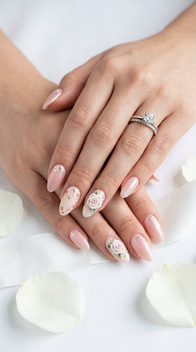 Rose Nails for Weddings with Elegant Rose Flower Nails