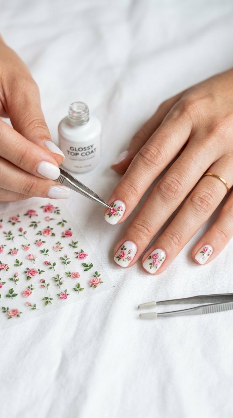 Easy Rose Nails using Nail Stickers