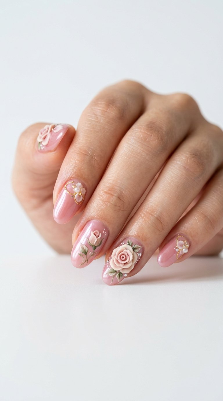 Rose Nails with 3D Rose Nails Details