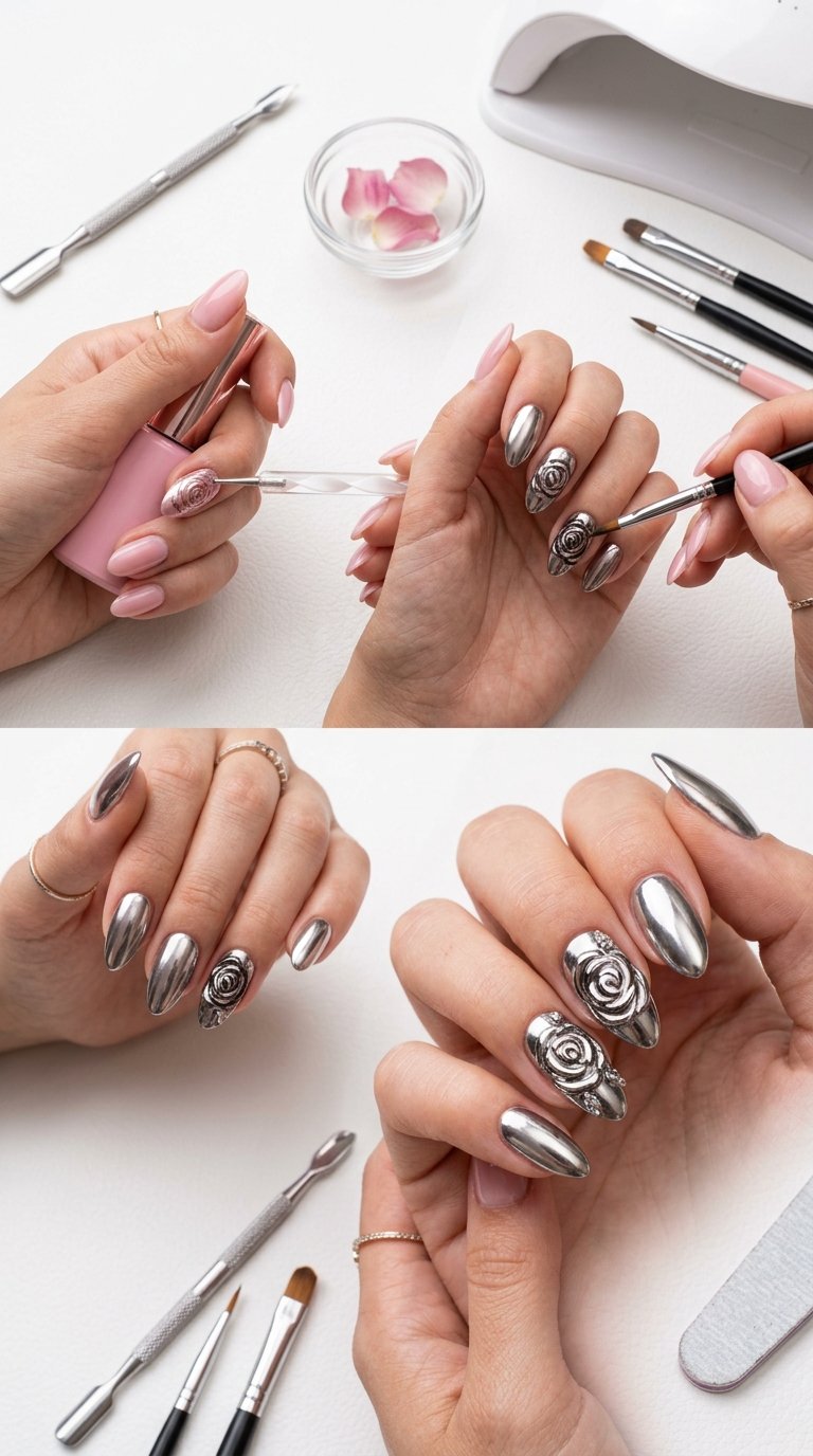 Rose Nails Tutorial for Chrome Rose Nail Designs