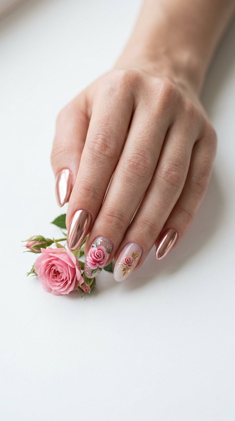 Rose Nails with Rose Flower Nails and Chrome Effect