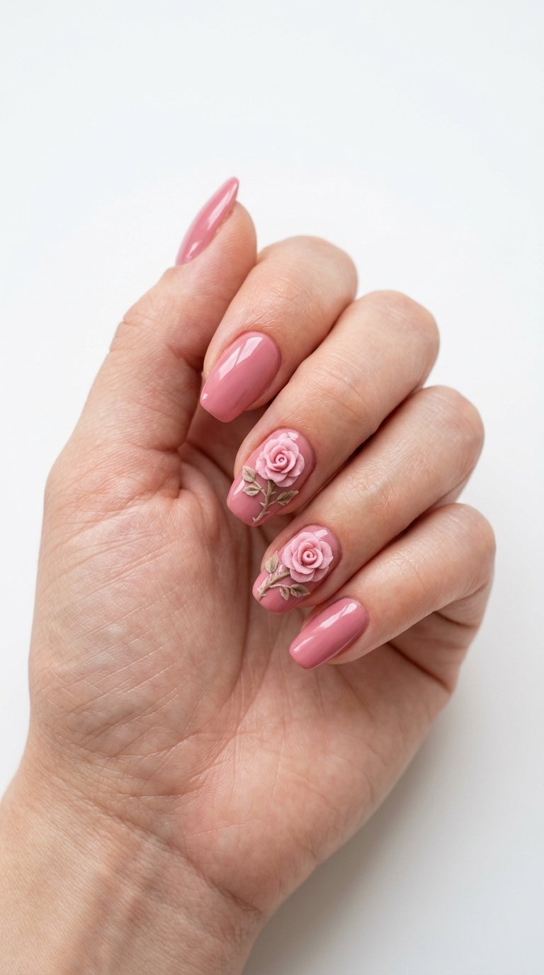 Rose Nails with 3D Rose Nails Details