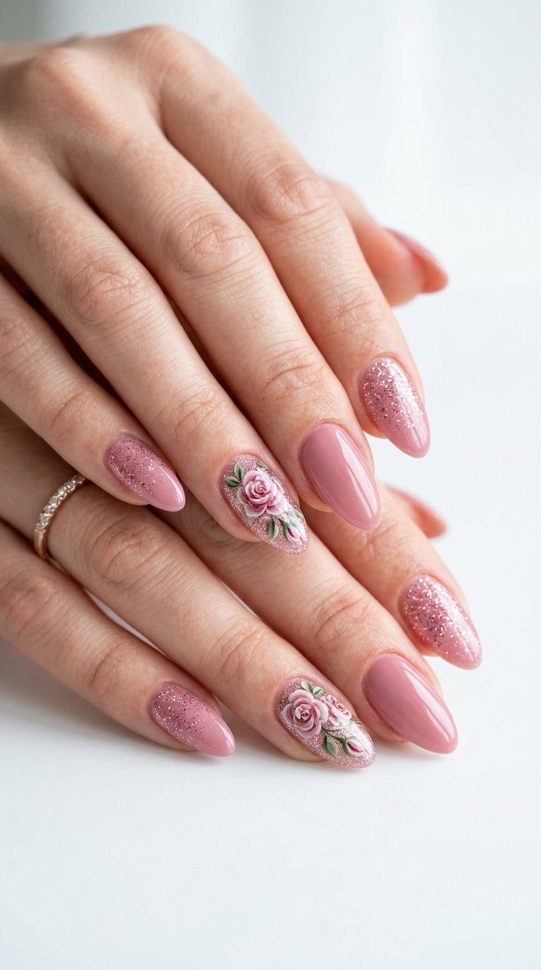 Rose Nails with Glitter Rose Flower Nails