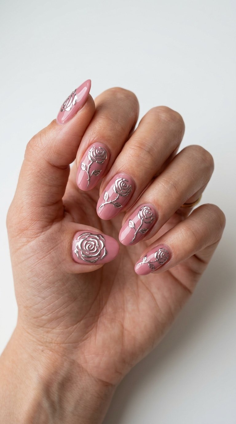Rose Nails with Chrome Rose Nail Designs