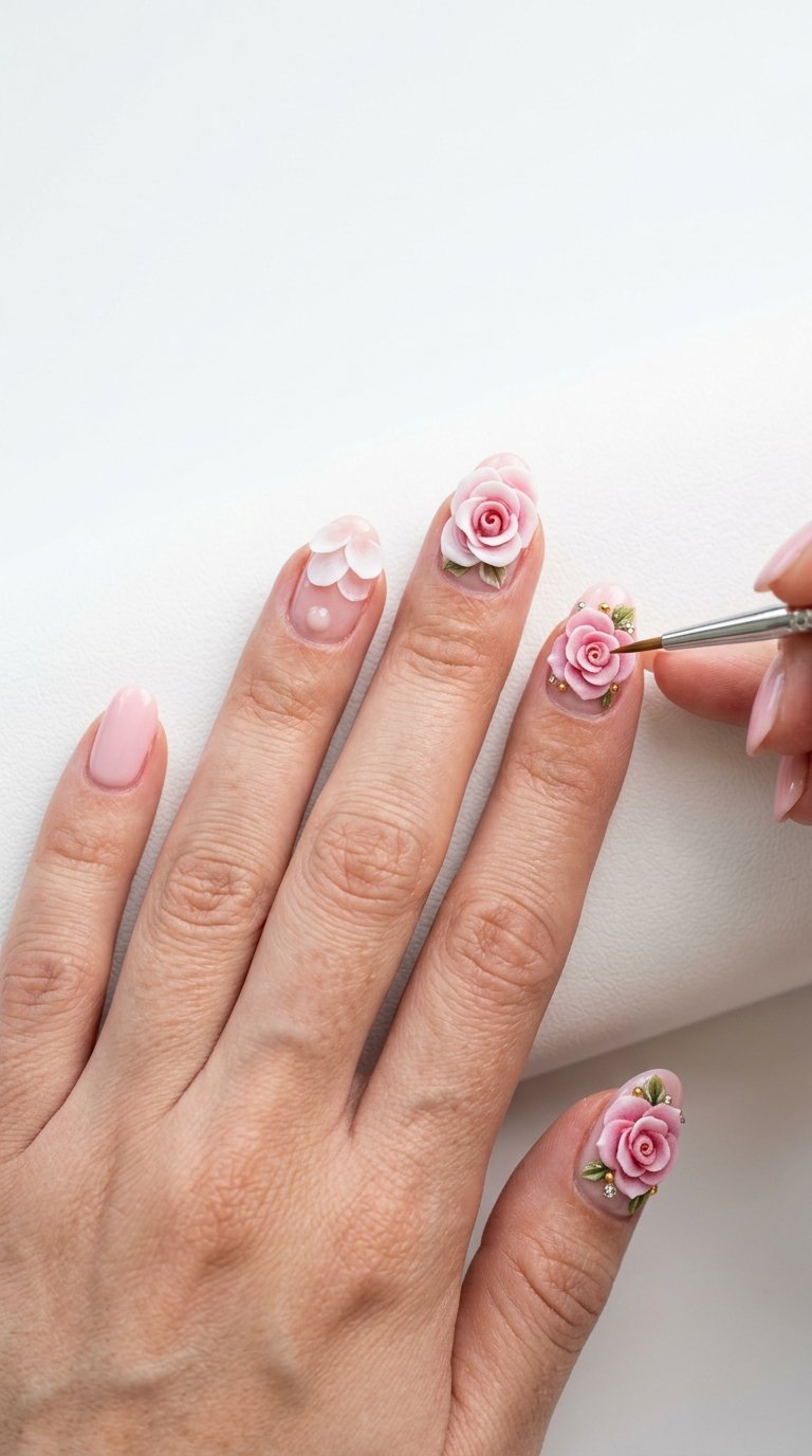 Rose Nails with 3D Rose Nails Tutorial
