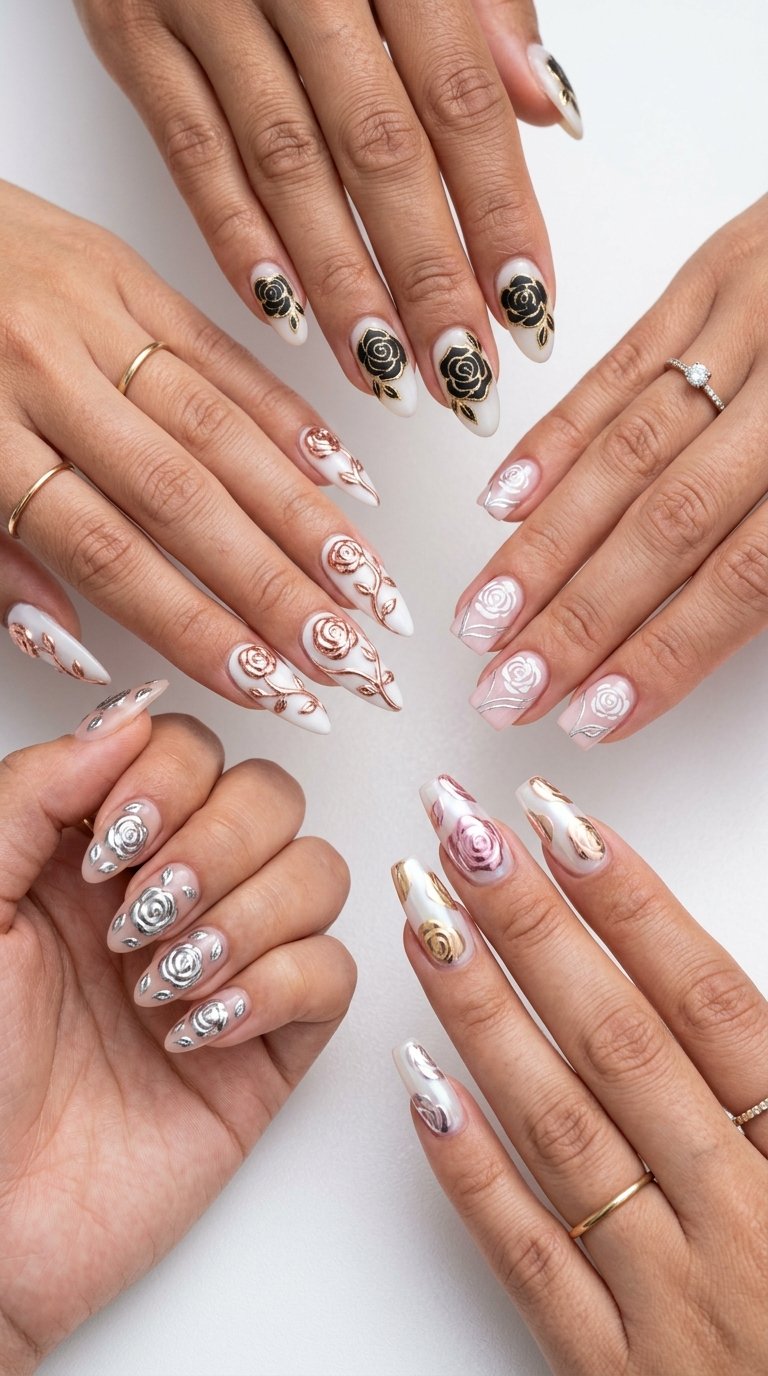 Rose Nails Ideas with Chrome Rose Nail Designs