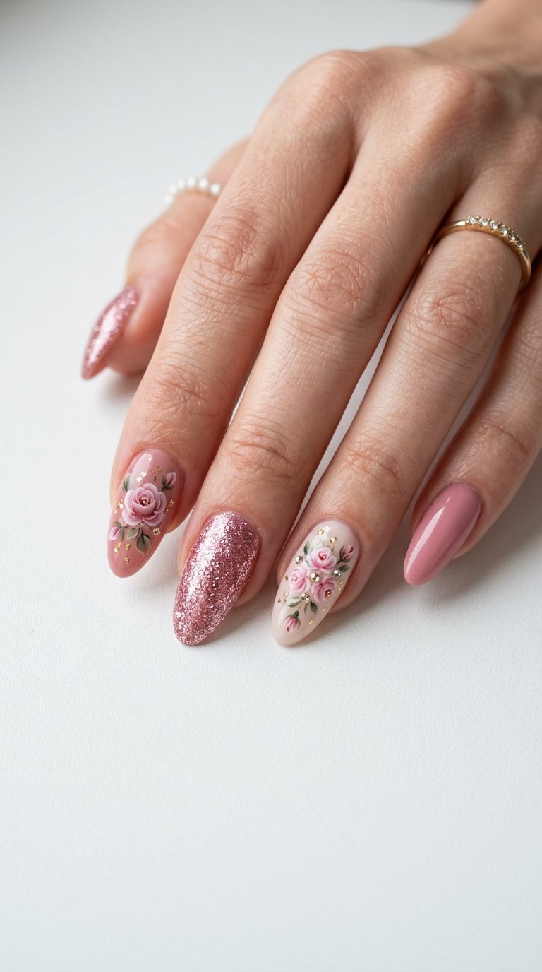 Rose Nails with Rose Flower Nails and Glitter