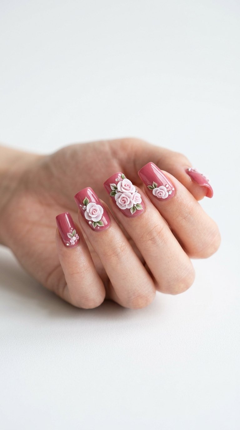 Rose Nails with 3D Rose Nails Details