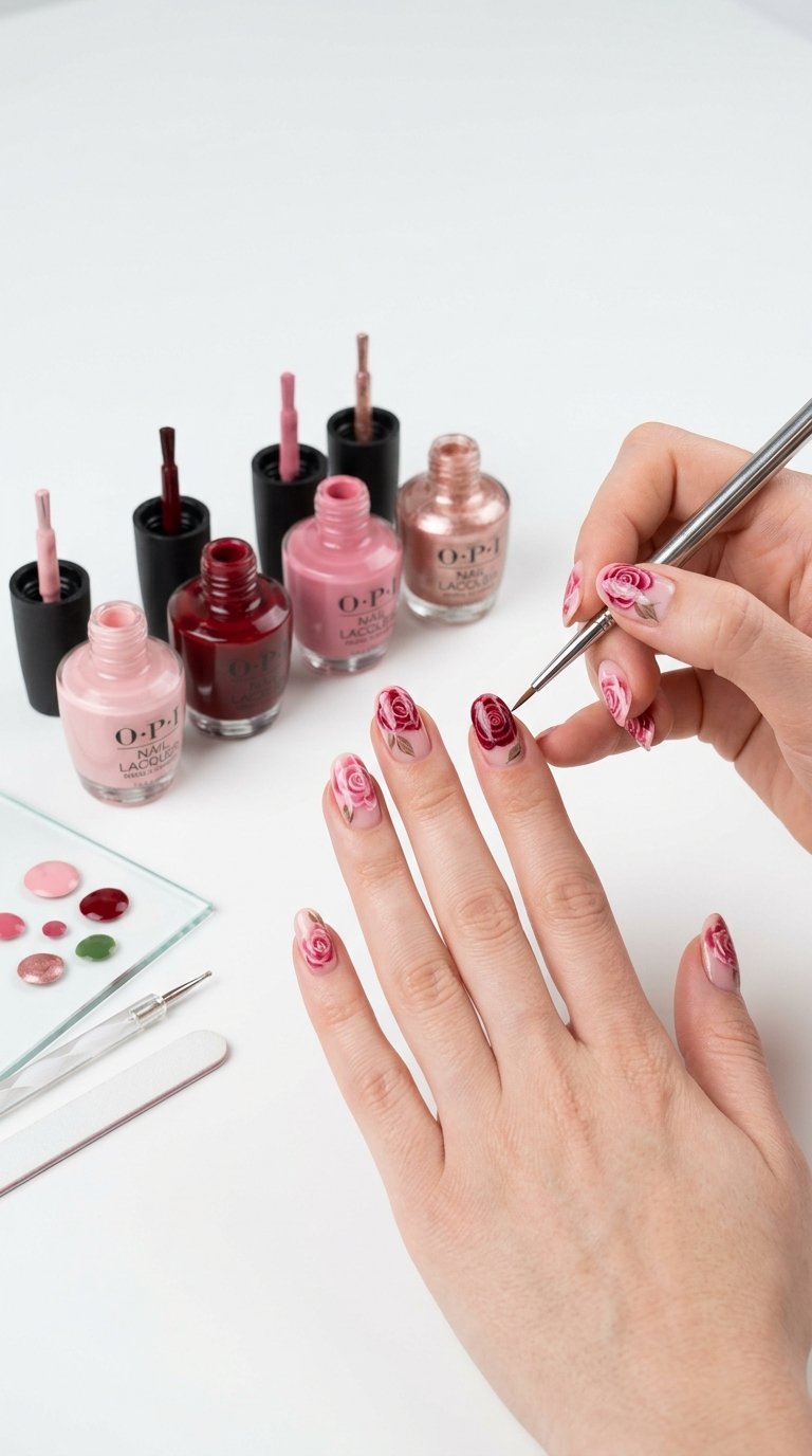 Rose Nails Tutorial with Rose Nail Polish Colors