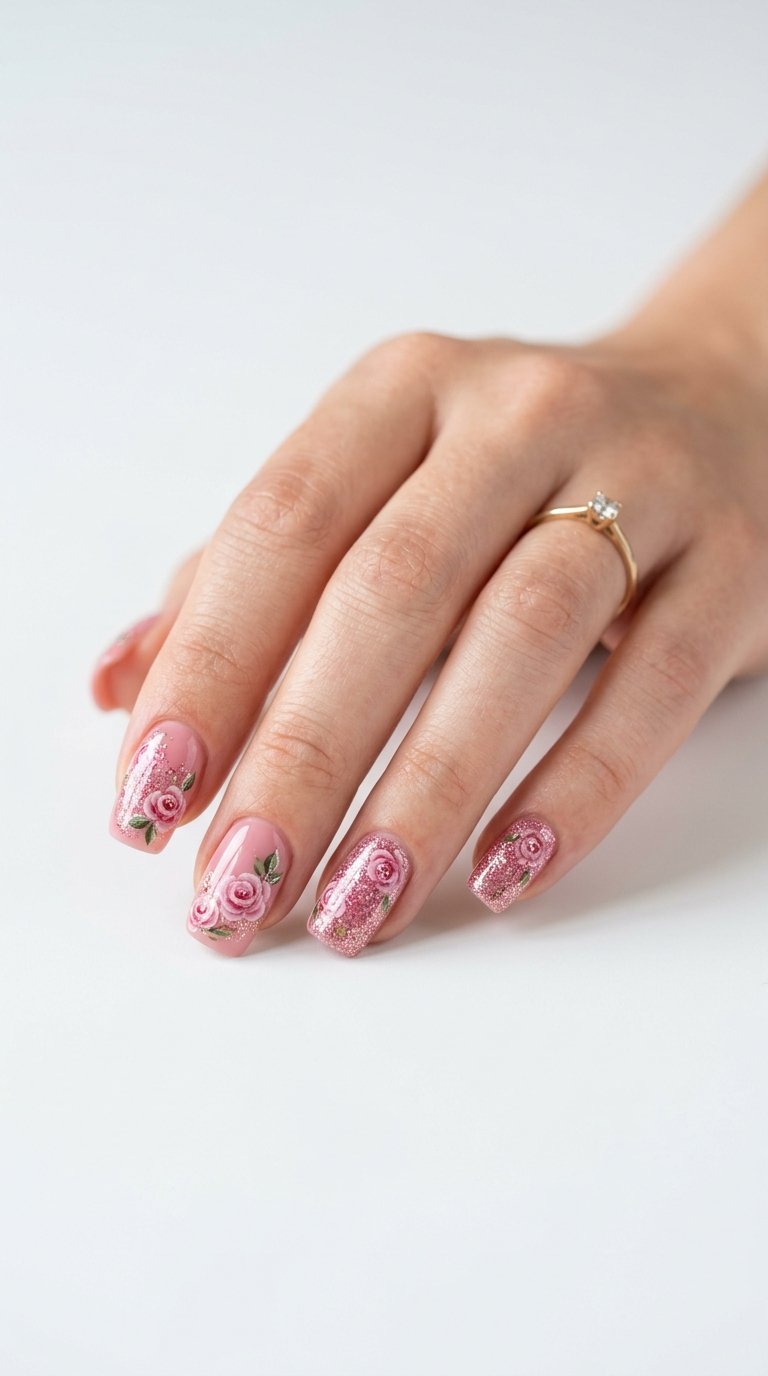 Rose Nails with Glitter Rose Nail Designs