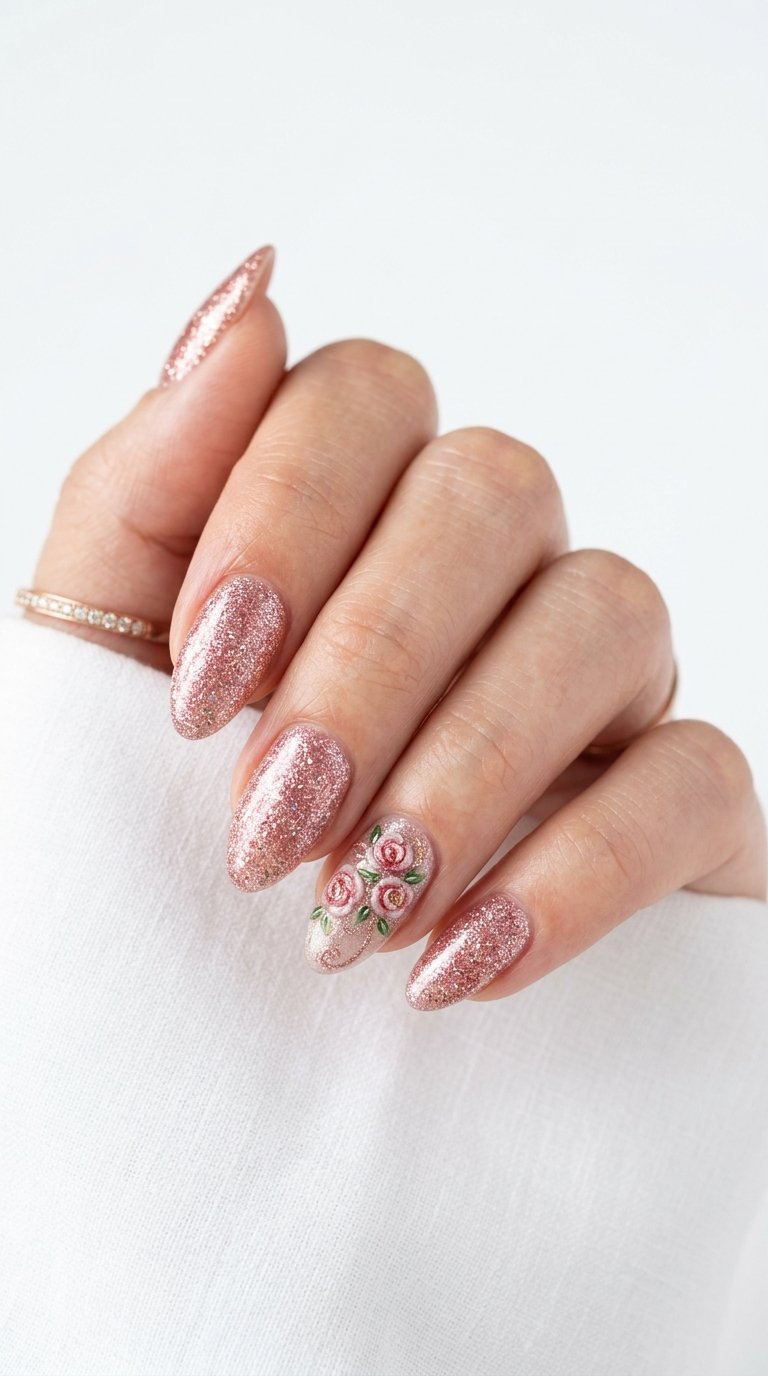 Rose Nails with Glitter Rose Flower Nails for Special Occasions