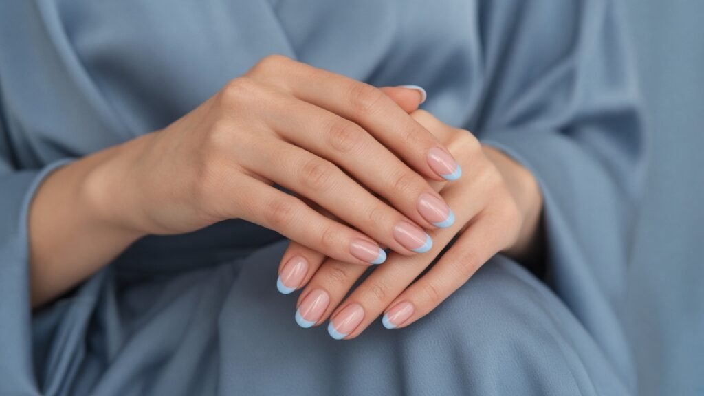 Dusty Blue French Tips - bridesmaid nails