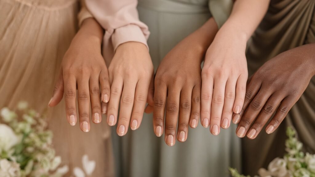 Sheer Nude with a Gold Line - bridesmaid nails