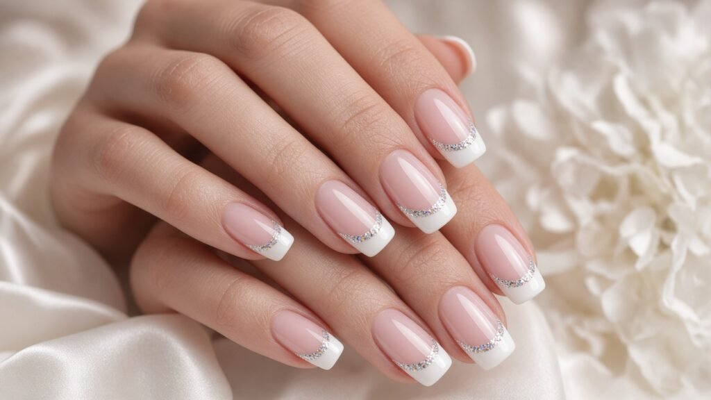 Glitter-Lined French Wedding Nails