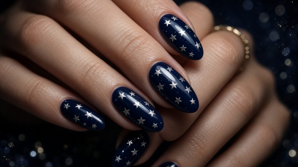 Midnight Blue with Silver Stars - holiday press on nails