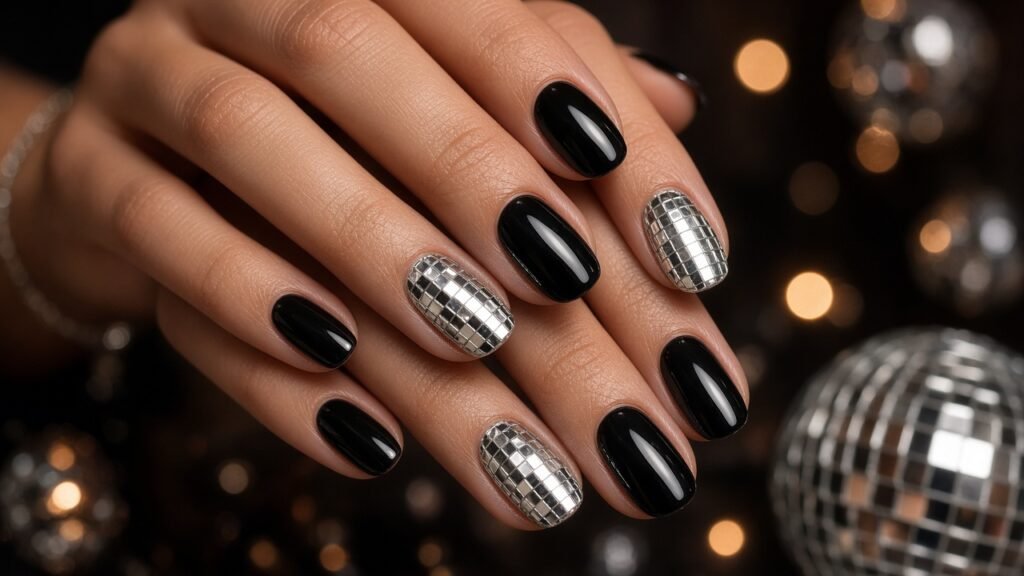 Disco Ball Accent Nails - new year's eve nails