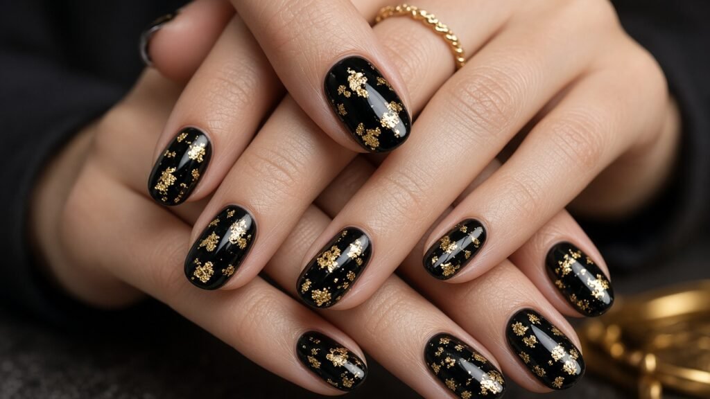 Gold Foil on Black - new year's eve nails