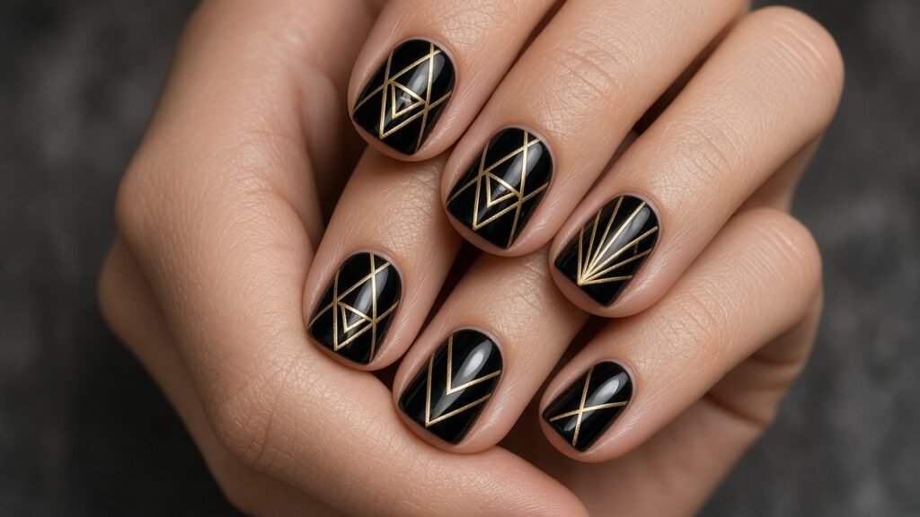 Black and Gold Geometric - new year's eve nails