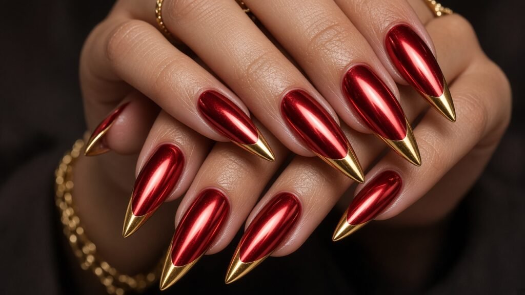 Stiletto Red Chrome with Gold Tips - red and gold acrylic nails