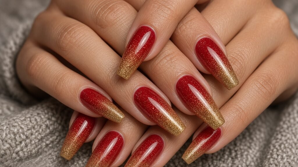 Coffin Ombre Red and Gold Acrylic Nails