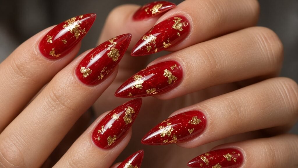 Encapsulated Gold Foil - red and gold acrylic nails