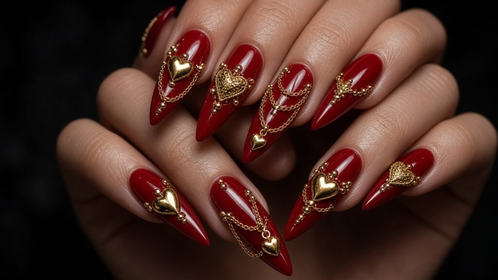 3D Gold Charms and Chains - red and gold acrylic nails
