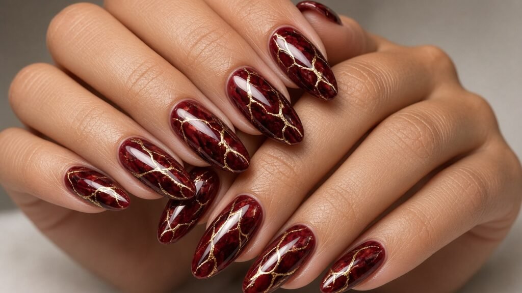 Red Marble with Gold Veins - red and gold acrylic nails