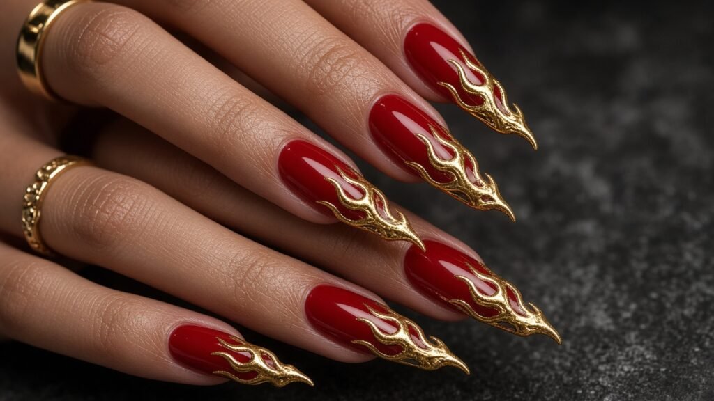 Gold Flame Accents on Red - red and gold acrylic nails
