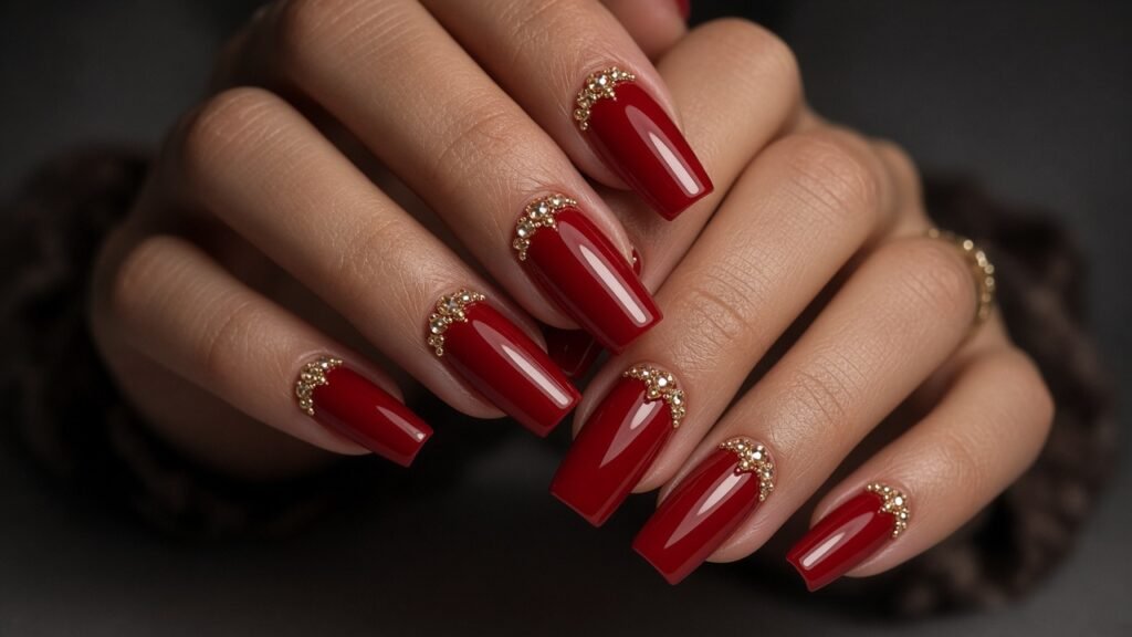 Red and Gold Acrylic Nails with Crystals