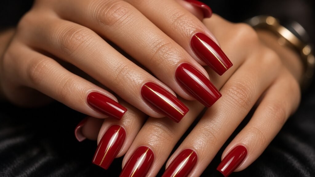 Glossy Red Square with Gold Lines - red and gold acrylic nails