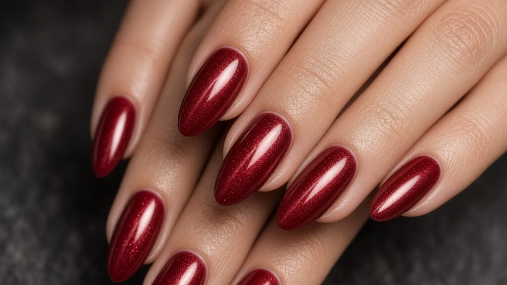 Velvet Red Almond Acrylics - red and gold acrylic nails