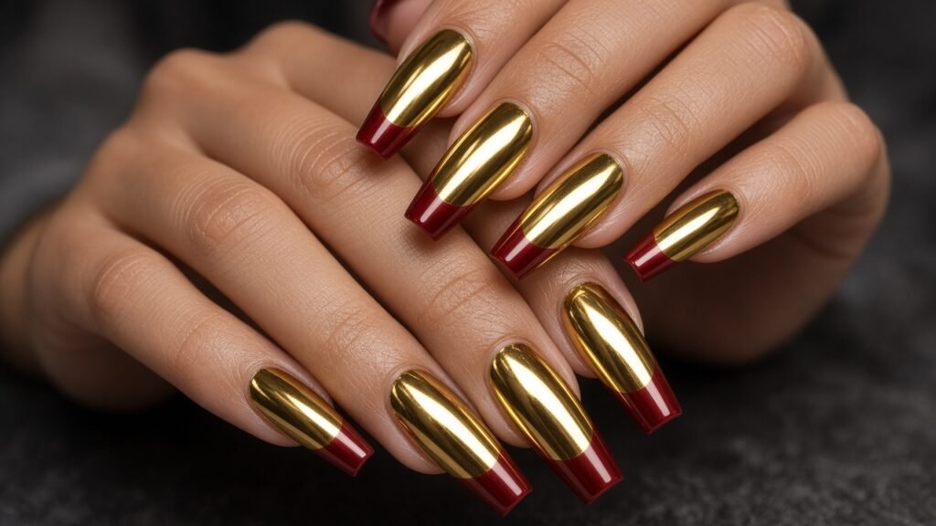 Gold Chrome Full Set with Red Tips - red and gold acrylic nails