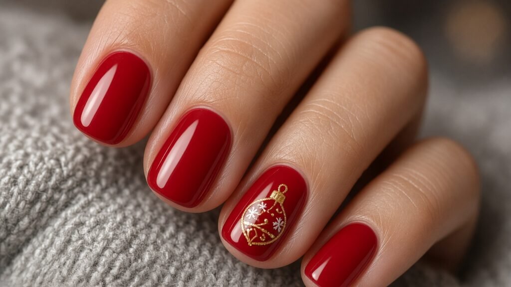 Gold Ornament Accent Nails - red and gold christmas nails