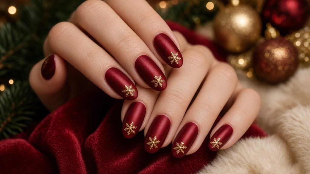 Red Velvet with Gold Snowflakes - red and gold christmas nails