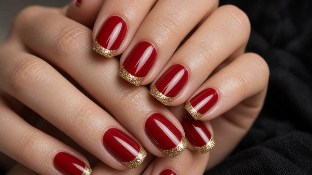 Gold Glitter Tips on Red - red and gold christmas nails
