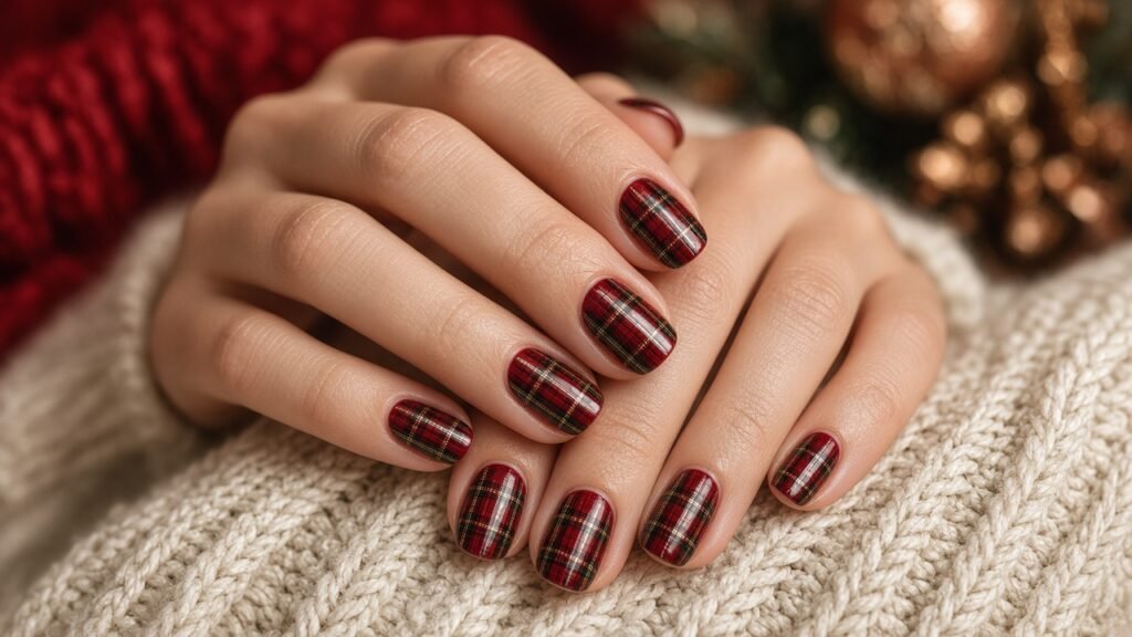 Festive Tartan Plaid - red and gold christmas nails