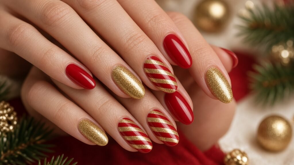 Red and Gold Christmas Nails with Stripes