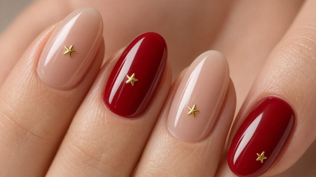 Minimal Gold Star on Nude and Red - red and gold christmas nails