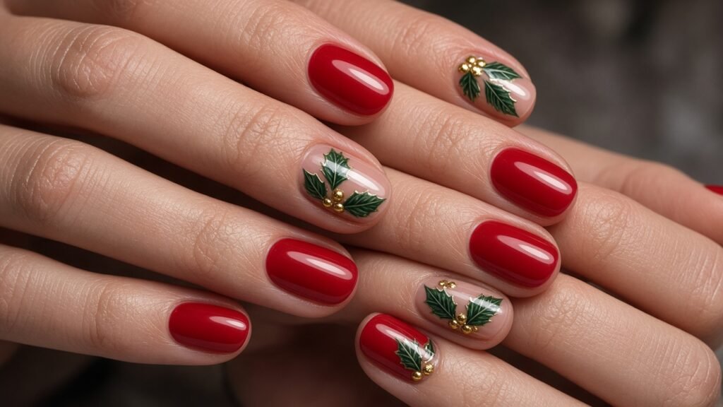 Holly Leaves and Gold Berries - red and gold christmas nails