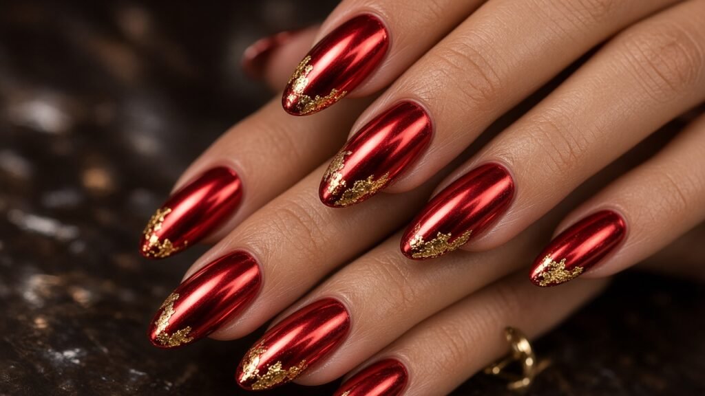 Red Chrome with Gold Foil - red and gold christmas nails