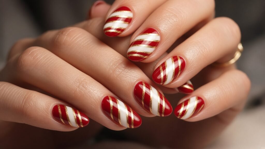 Candy Cane with Gold Twist - red and gold christmas nails