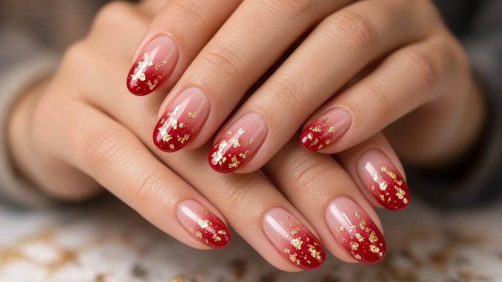 Red Ombre with Gold Flakes - red and gold christmas nails