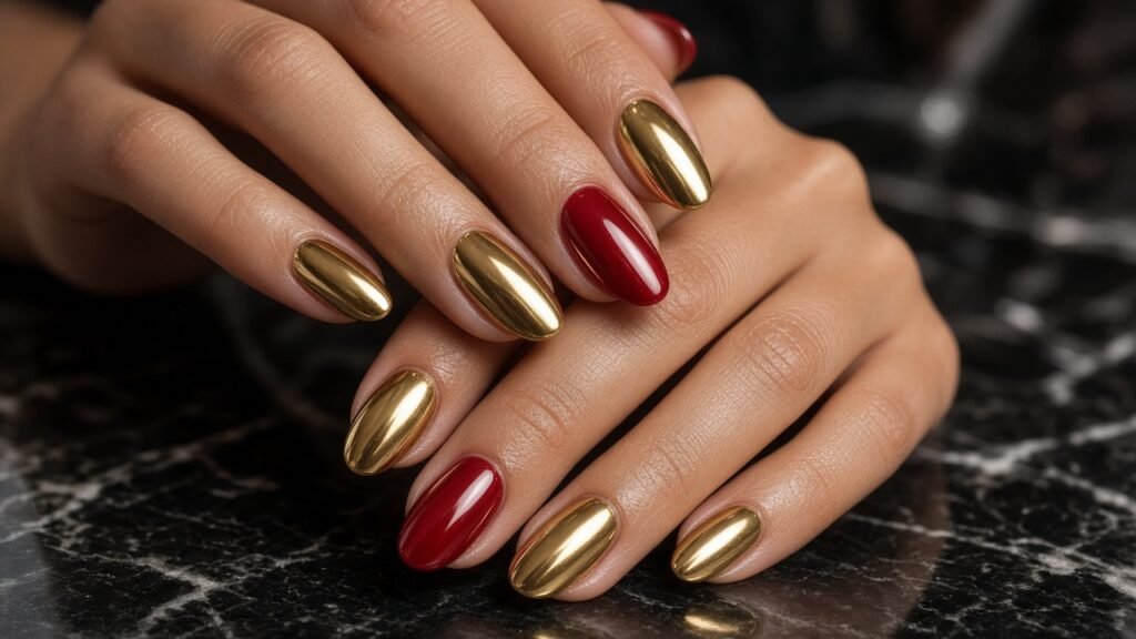 Gold Chrome Full Set with Red Accent - red and gold christmas nails