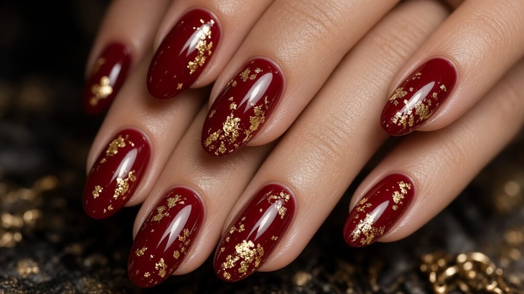 Classic Red with Gold Foil Accents - red and gold nails