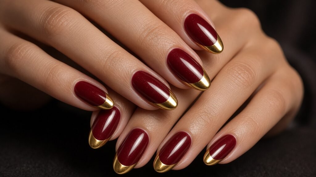 Gold Chrome French Tips on Red - red and gold nails